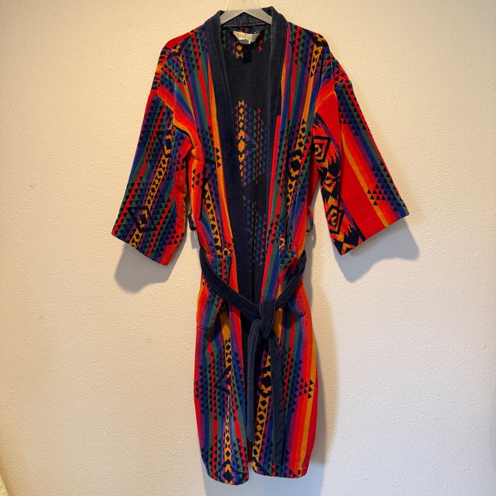 Perry Ellis Portfolio Mens Vintage Southwestern Cotton Terry Cloth Robe One Size